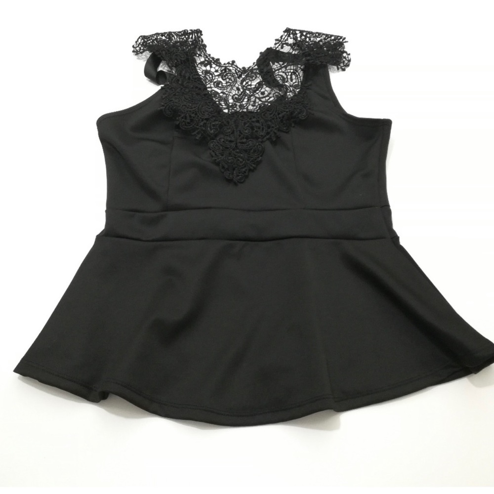 Blu Planet Black Peplum Lace Neck Back Tie Tank